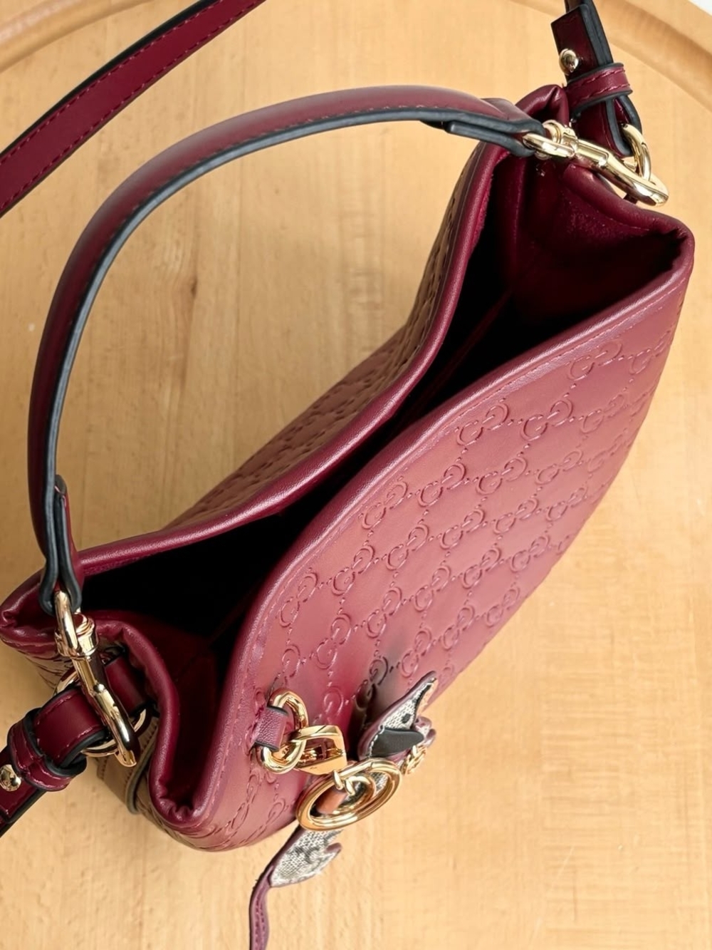 Designer-Style Embossed Burgundy Leather Gucci Shoulder Bag